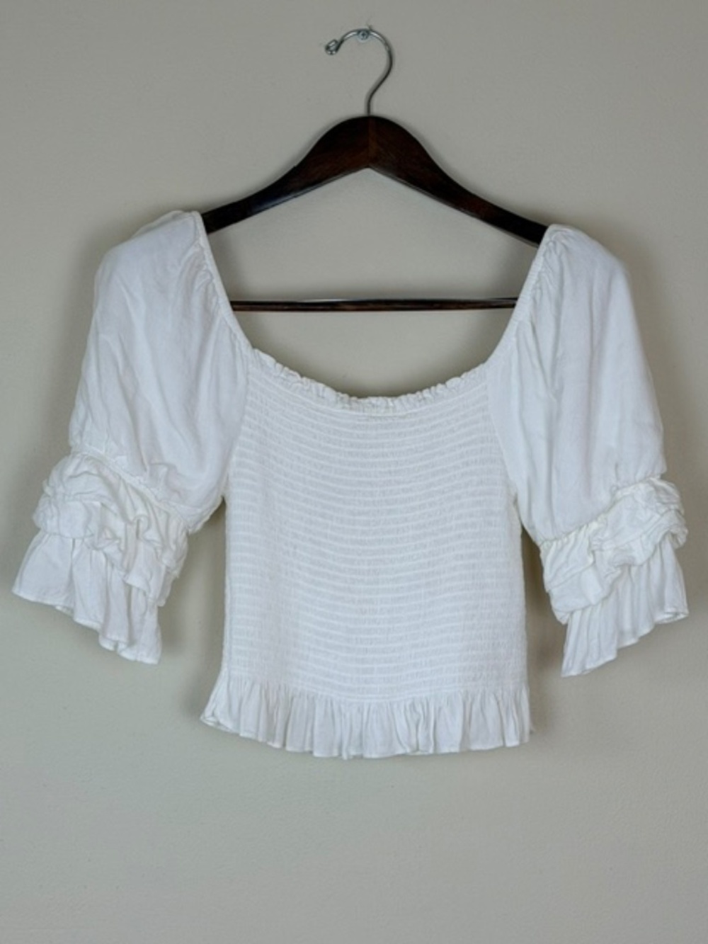 Altar'd State White Smocked Crop Top Puffy Short Sleeves Women's Medium Coquette